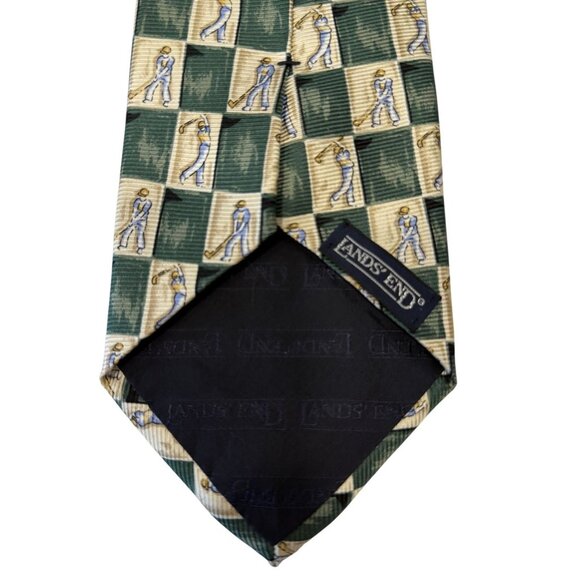 Lands End Mens Golf Necktie 100% Silk Green Beige Check 59" Handmade In Italy - Picture 4 of 5